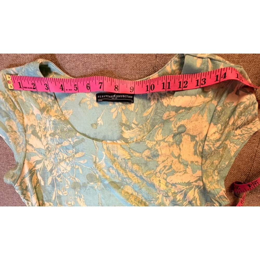 Peruvian Connection White Lotus Aqua Floral Fit & Flare Dress Small Pockets - Picture 11 of 14